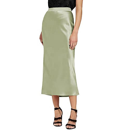 Sage Skirts for Women Midi Length Elegant High Elastic Waist Satin Silk Shiny Pull On Skirt Pencil Skirt | Amazon (US)