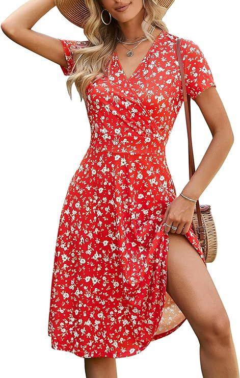 MSBASIC Summer Dresses for Women 2024 Short Sleeve V Neck Wrap Dress Casual Midi Sundresses | Amazon (US)