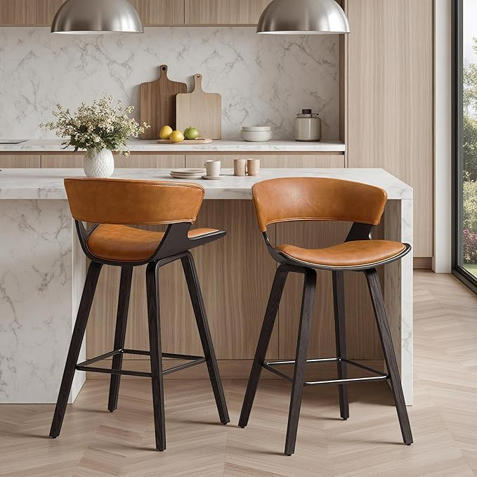 Zouron Bar Stools with Back Set of 2, Wooden Counter Height Stools for Kitchen Island, Mid Centur... | Amazon (US)