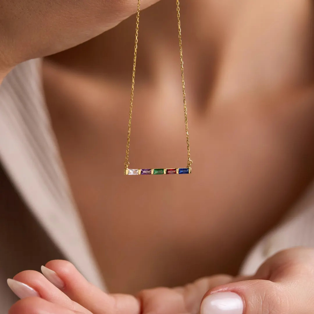 14K Gold Baguette Birthstone Necklace, Personalized Family Jewelry, Custom Gift for Her, Minimali... | Etsy (US)