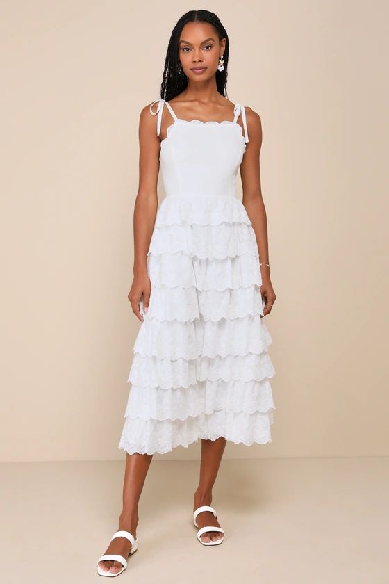 Endlessly Ideal White Eyelet Embroidered Tiered Midi Dress | Lulus
