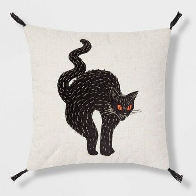 Velvet Applique Cat Square Throw Pillow Neutral/Black - Threshold&#8482; | Target