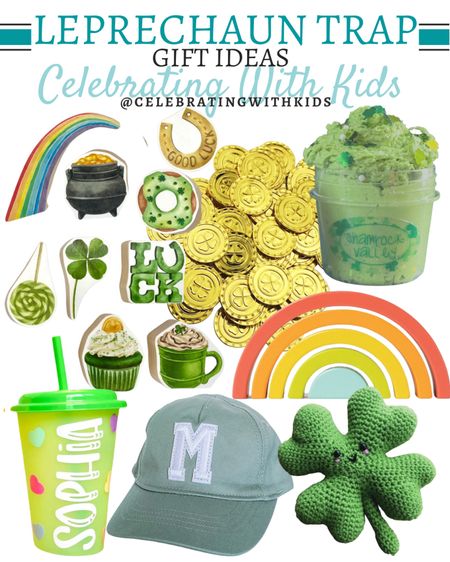 Leprechaun trap toy items include rainbow stackable toy, crocheted clover, green letter hat, personalized cup, gold coins, green slime, and wooden St. Patrick’s Day toys.

Kids toys, leprechaun trap, St. Patrick’s Day toys, green toys

#LTKkids #LTKunder50 #LTKstyletip