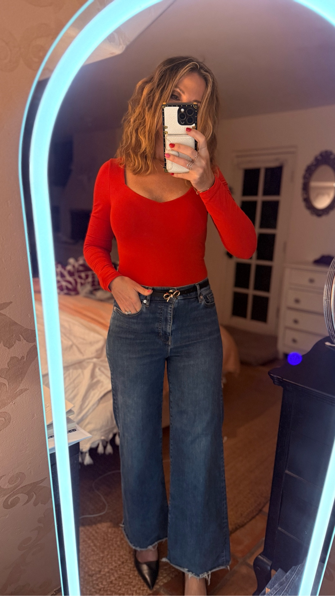 Winter date night outfit — comfy, chic + easy to recreate ❤️
This red bodysuit from Amazon is ultra-soft, seamless, and so flattering. I styled it with FRAME tapered winter denim, a Target bow belt, and black heels for the perfect polished date night look.

✨ Shop my full Valentine’s Day outfit on LTK
#ValentinesDayOutfit #DateNightOutfit #RedBodysuit #AmazonFashion #SeamlessBodysuit #LTKStyle #ChicDateNight #MomStyle #CaliforniaStyle

#LTKValentine 

#LTKOver40 #LTKootd