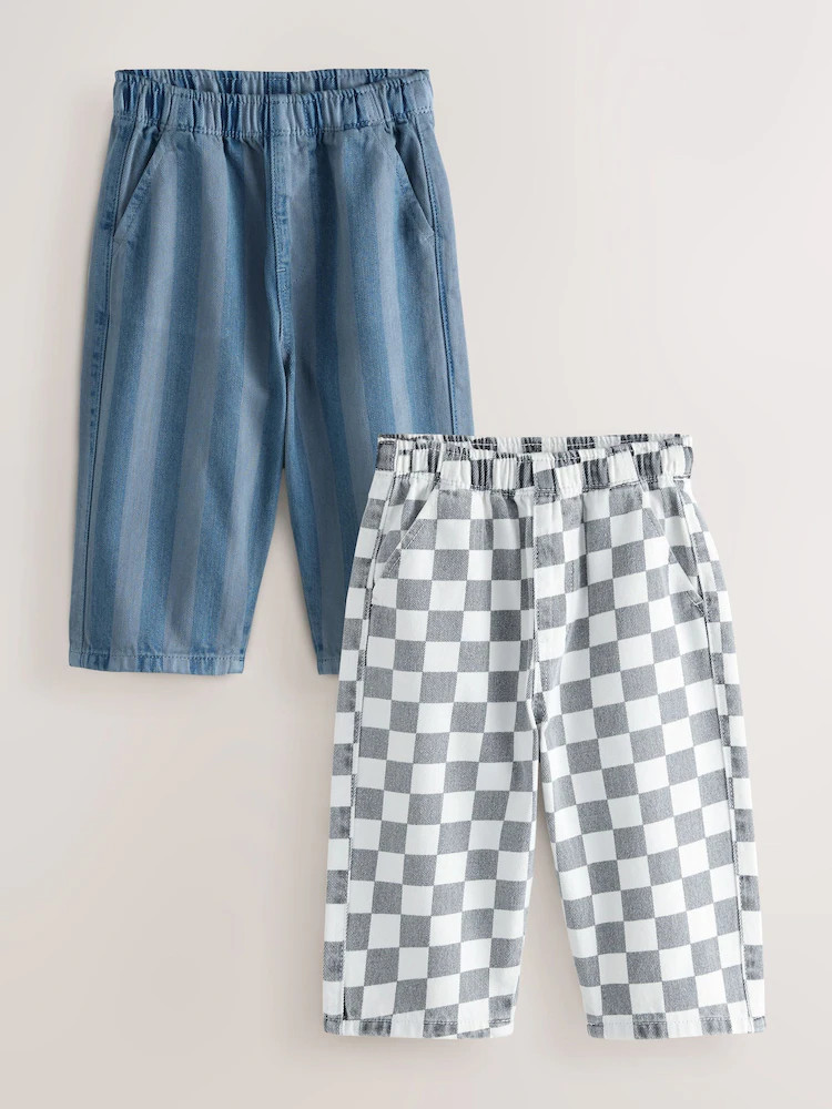Checkerboard/Blue Stripe Pull On Wide Trousers 2 Pack (3mths-7yrs) | Next US