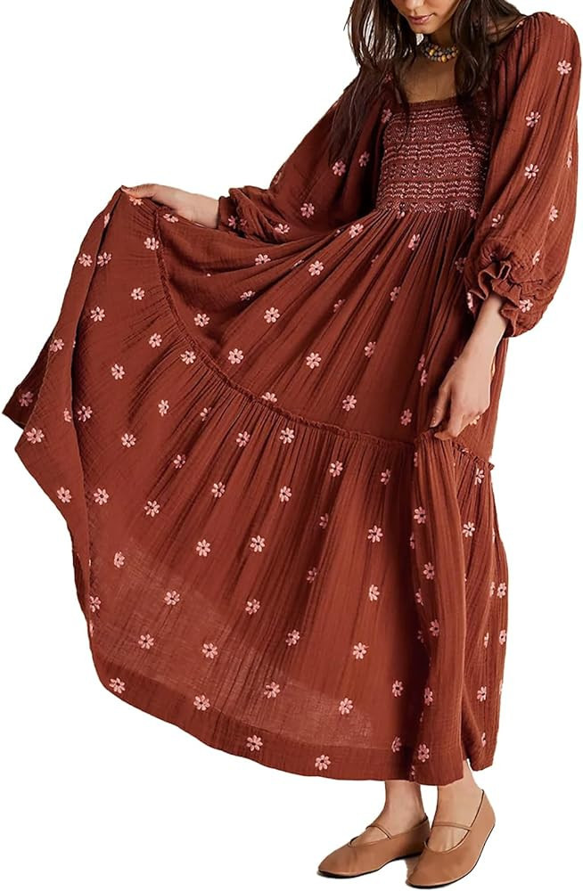 Women Floral Embroidered Maxi Dress Long Puff Sleeve Square Neck Bohemian Flowy Dress with Pocket... | Amazon (US)