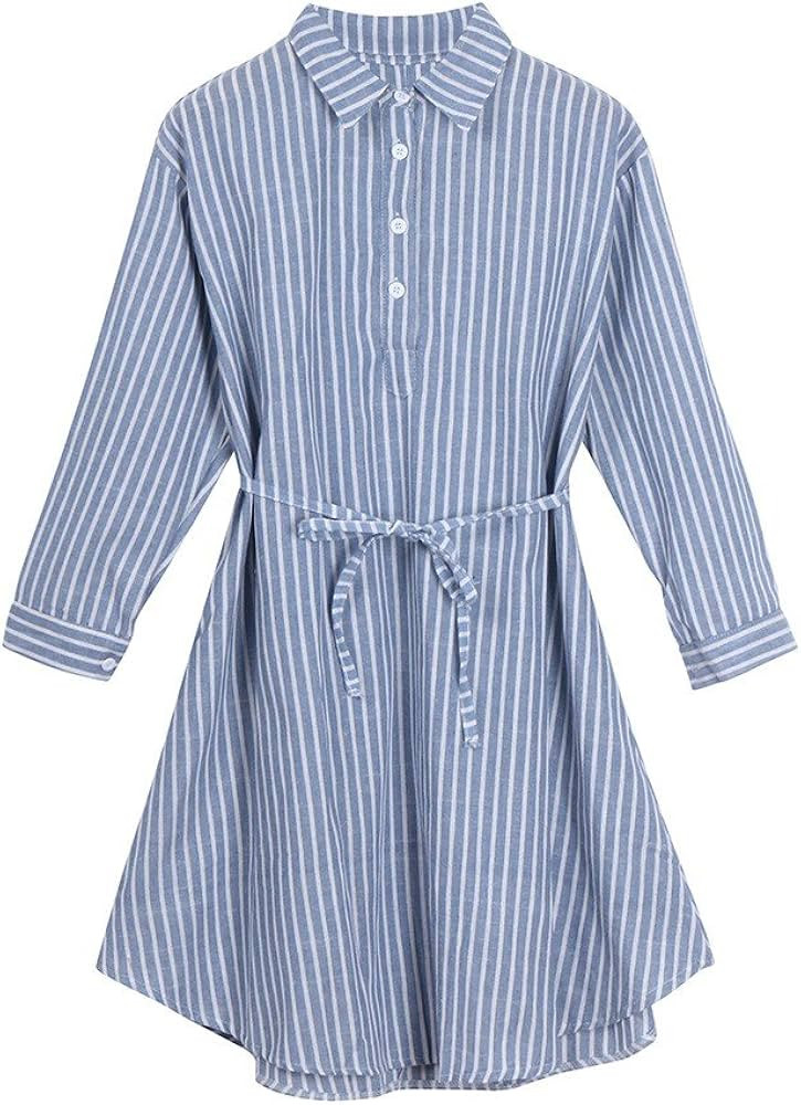 Pinklove Pregnant Women Shirt Half Skirt Dress Striped Long Sleeves with Foldable Buttons | Amazon (US)