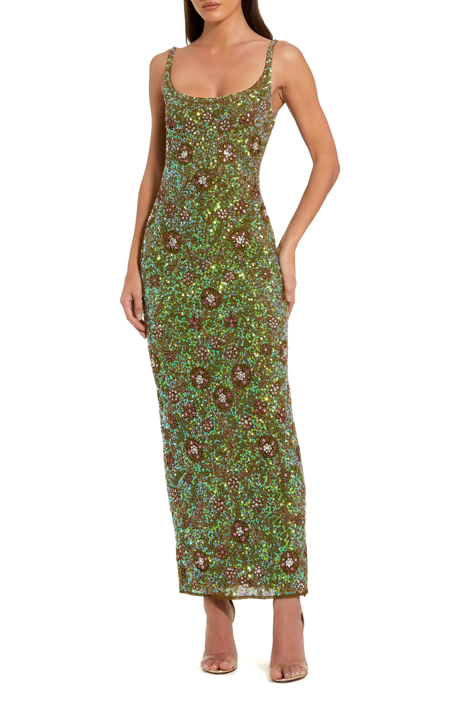 Mac Duggal Beaded Mesh Sleeveless Scoop Neck Ankle Dress | Nordstrom | Nordstrom