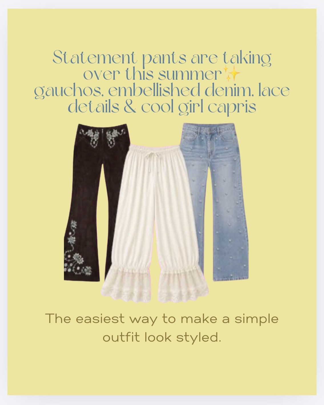 Statement pants are officially having their moment and honestly… I’m obsessed ✨

This summer’s trends feel way more fun:

* lace trim pants
* embellished denim
* gauchos
* capris
* utility styles
* soft feminine details
* cool girl prints

The best part?
You can wear the most basic top ever and still look styled because the pants do all the work.

Saving all my favorite Amazon finds lately because these are SUCH a vibe for:
✨ vacation outfits
✨ elevated casual looks
✨ brunch outfits
✨ summer errands
✨ soft girl style
✨ effortless Pinterest outfits

Comment “PANTS” for links 🤍
& follow for more Amazon fashion finds, trend edits, elevated casual outfits, and wearable summer style.  #amazonfashion #summerfashion #amazonstyle #fashionﬁnds #pinterestoutfit

#LTKgrwm #LTKootd #LTKSaleAlert