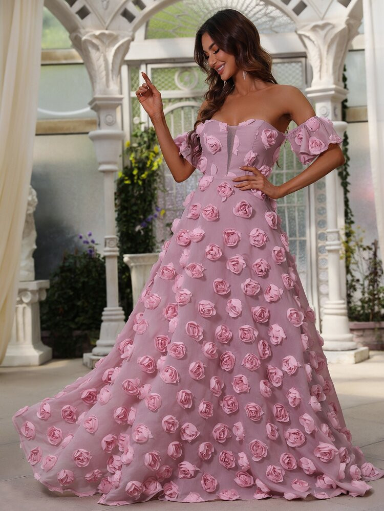 Off Shoulder Butterfly Sleeve Applique Prom Dress | SHEIN