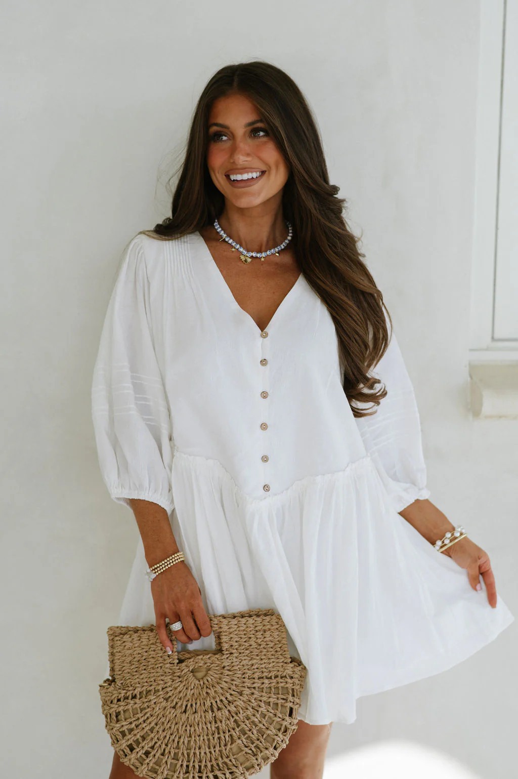 Pleated Shoulder Dress-White | These Three