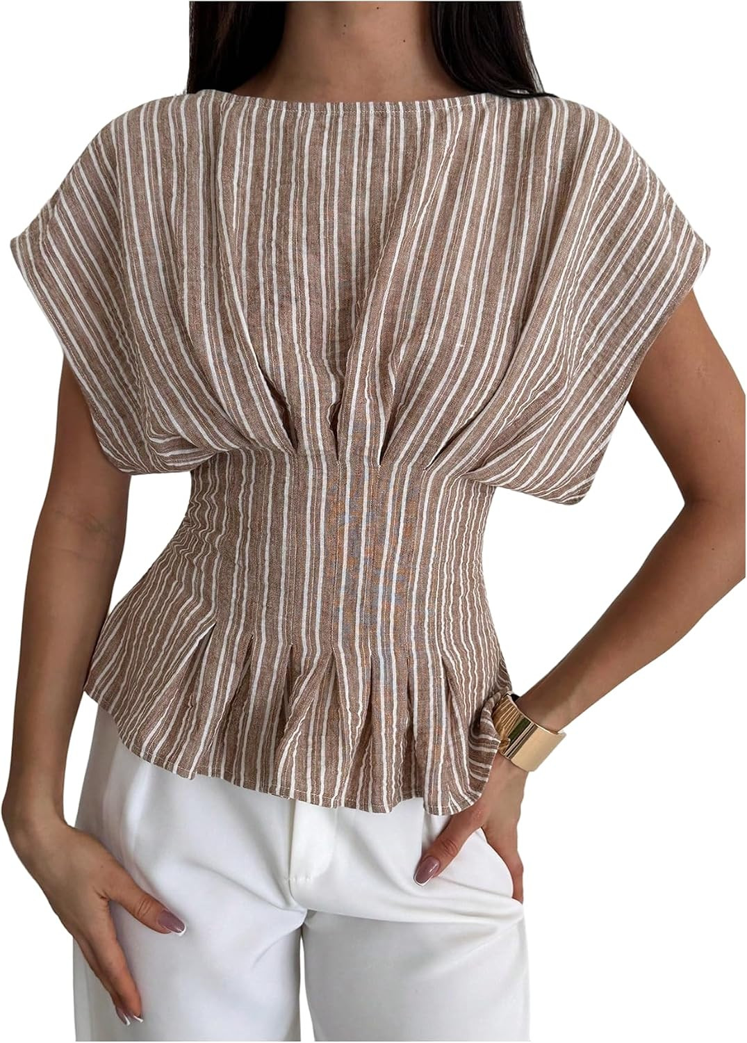 MakeMeChic Women's Striped Peplum Top Blouse Dressy Cinched Waist Tops | Amazon (US)