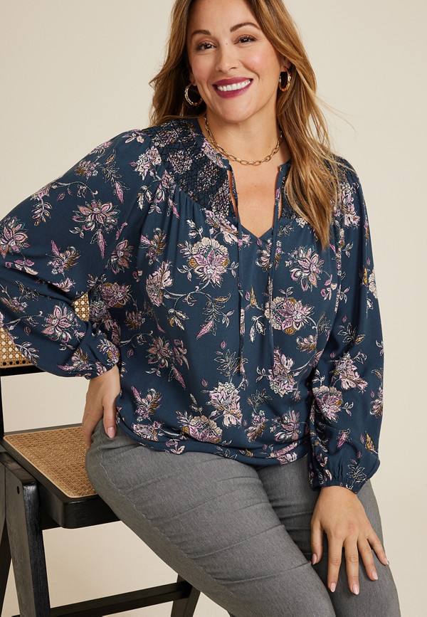Plus Size Navy Floral Peasant Blouse | Maurices