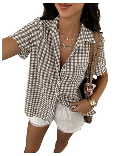 SweatyRocks Women's Short Sleeve Gingham Plaid Button Down Lapel Collar Blouse Summer Shirts Grey X-Large | Amazon (US)
