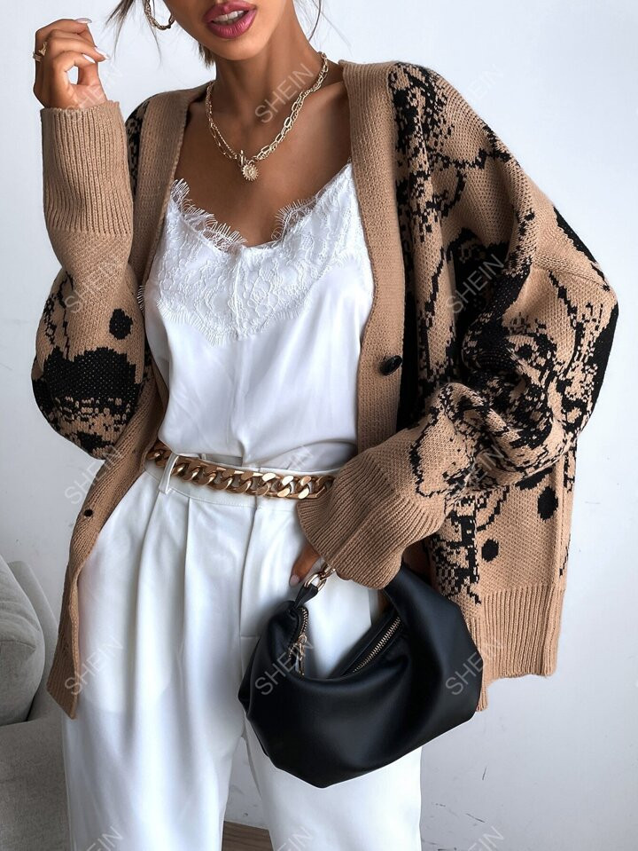 SHEIN Privé Graphic Pattern Drop Shoulder Cardigan | SHEIN