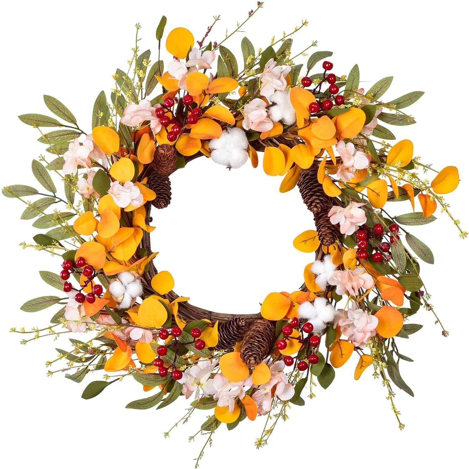 Coolmade 20 inch Fall Wreath for Front Door Wreath with Hydrangea Floral,Cotton, Pine Cone,Berrie... | Walmart (US)