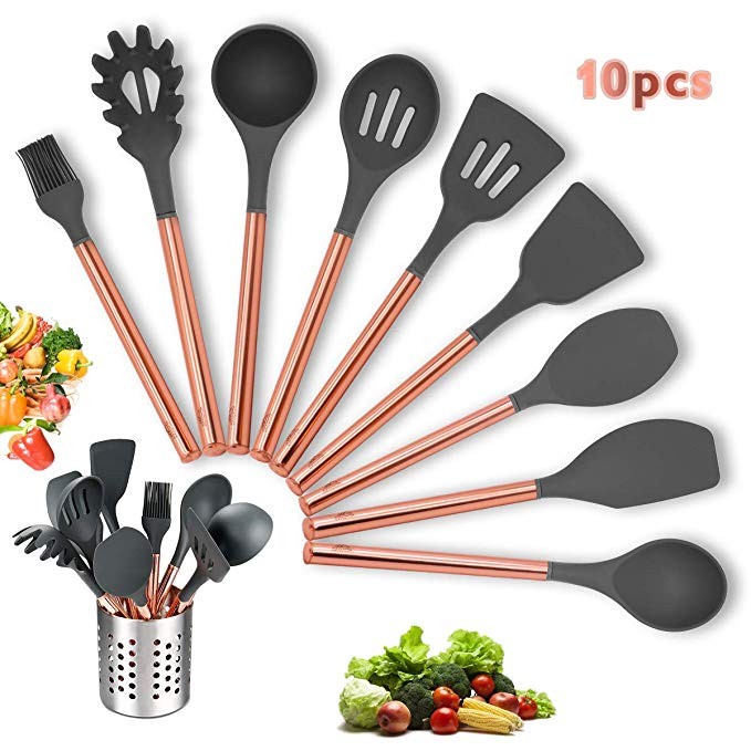 Kitchen Utensil Set - 10 PCS Silicone Kitchen Cooking Utensils Set - Rose Gold Stainless Steel Ha... | Amazon (US)