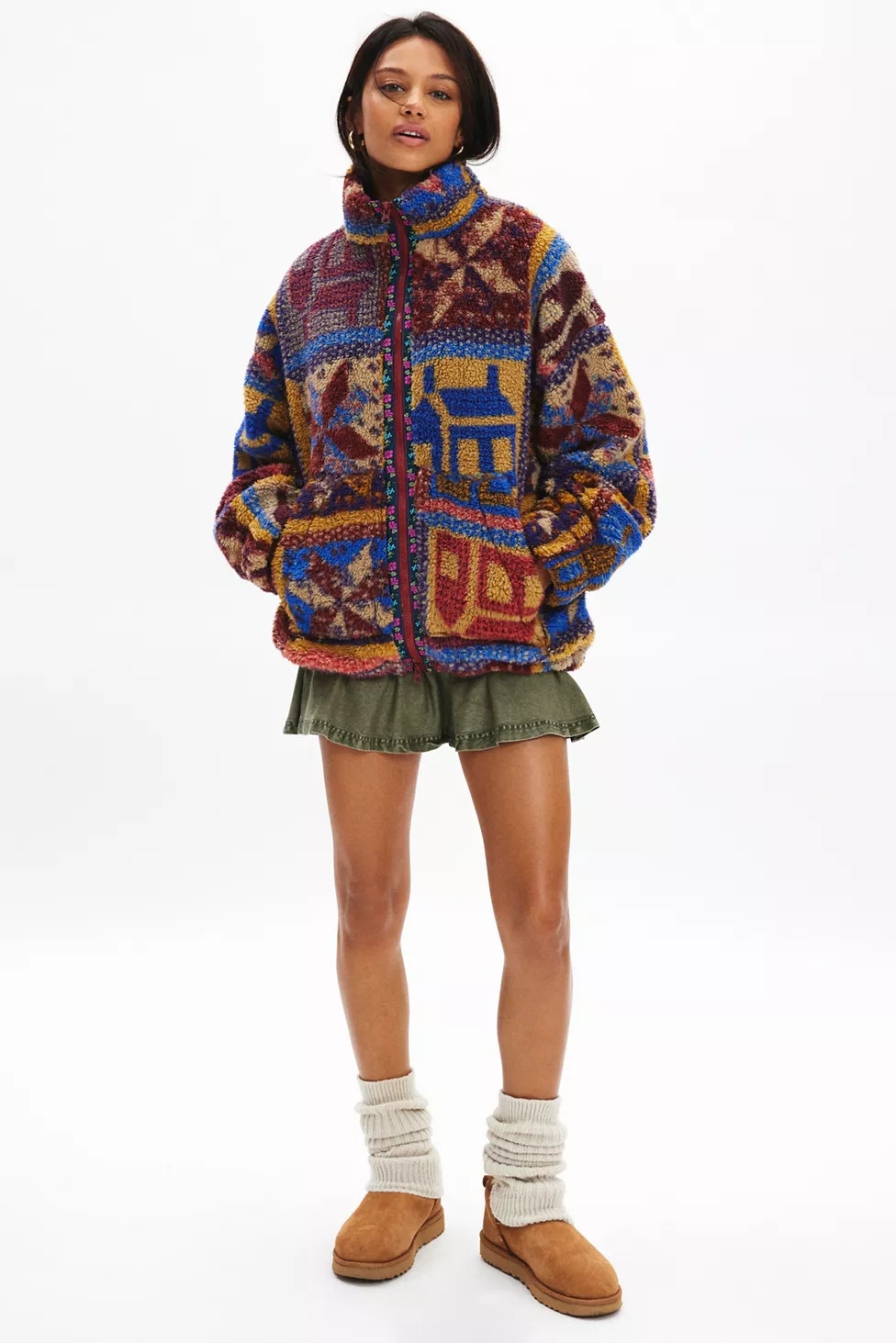 BDG Mae Printed Piled Fleece Zip-Up Jacket | Urban Outfitters (US and RoW)