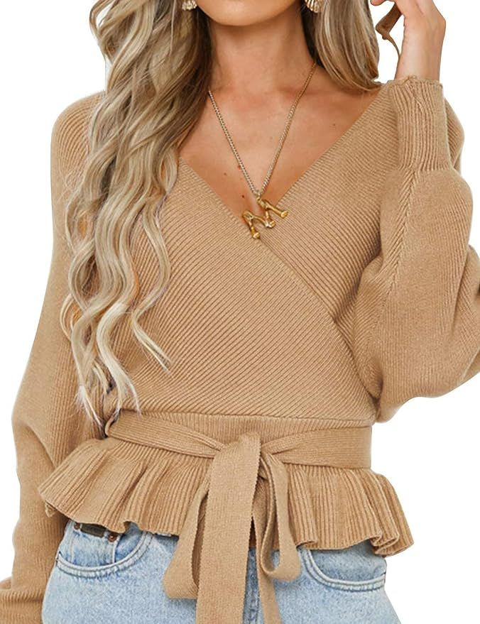 ZESICA Women's Wrap V Neck Long Batwing Sleeve Belted Waist Ruffle Knitted Sweater Pullover Top | Amazon (US)