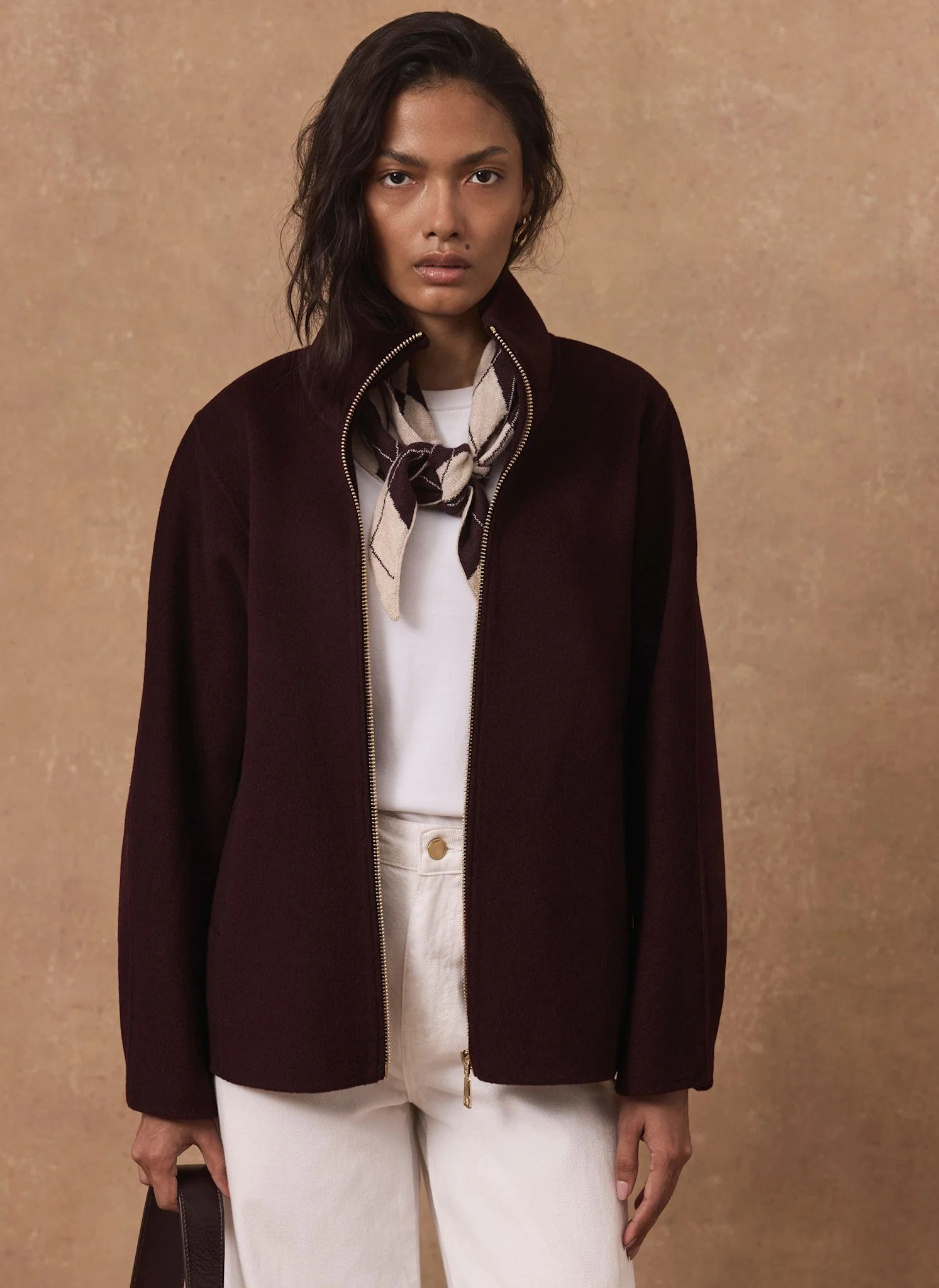 Burgundy Wool Blend Hand Finished Bomber Jacket | Mint Velvet