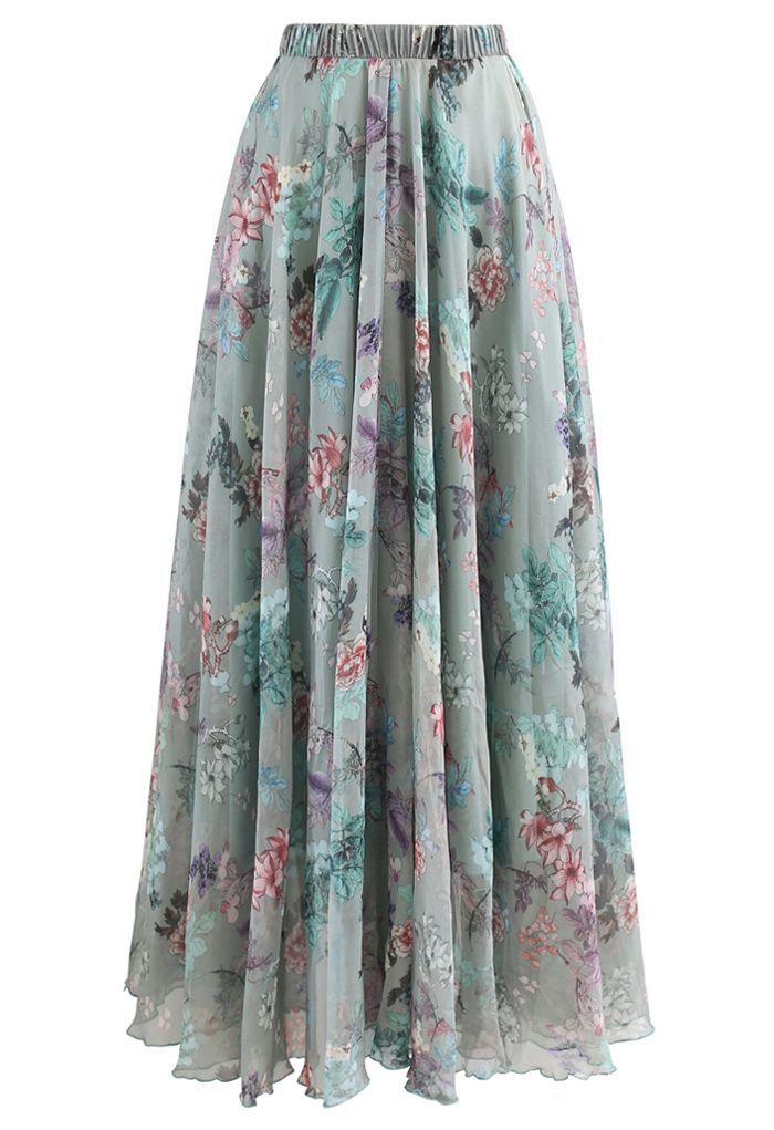 Exuberant Floral Chiffon Maxi Skirt in Green | Chicwish