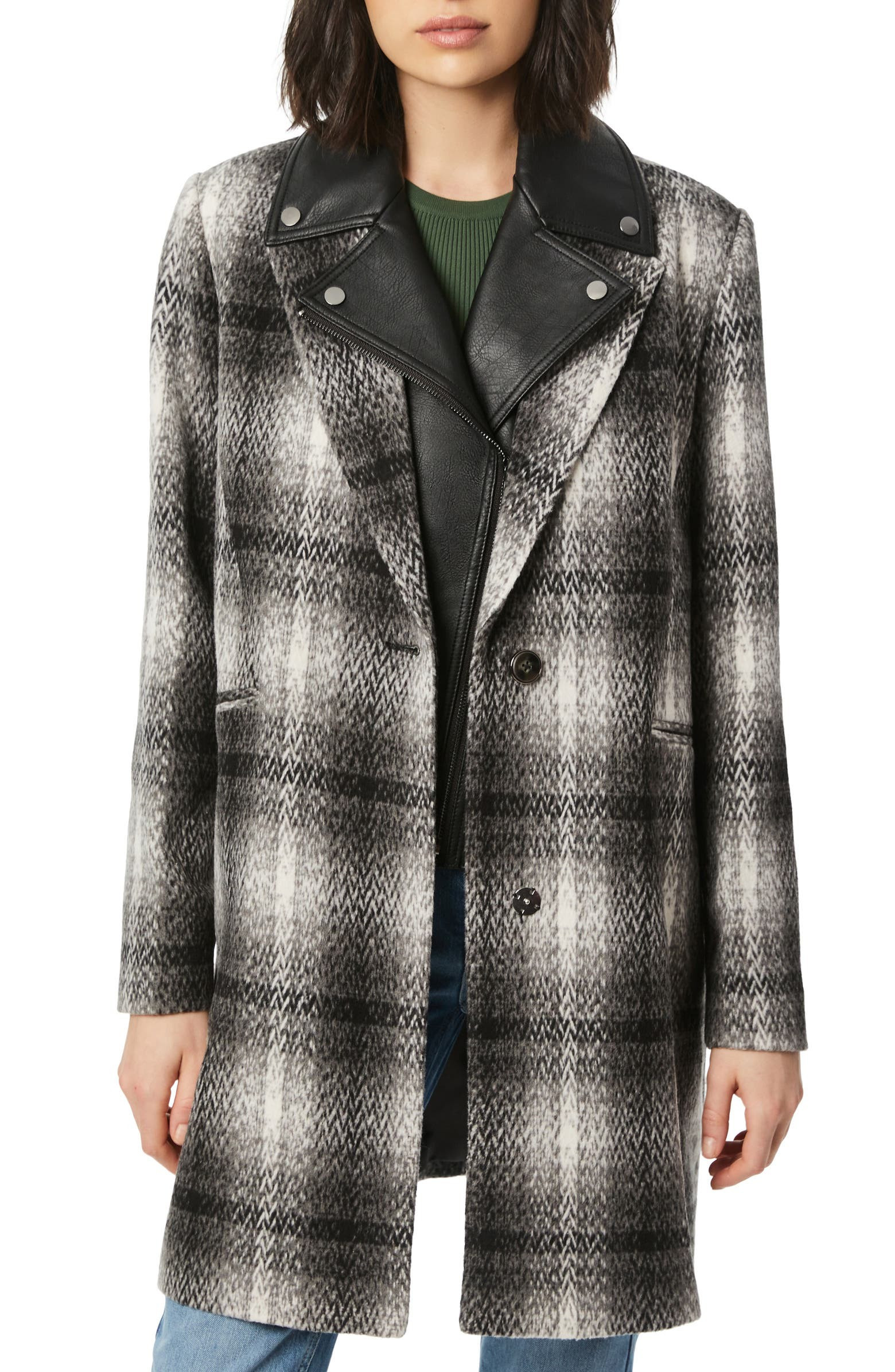 Plaid Coat with Removable Faux Leather Bib | Nordstrom