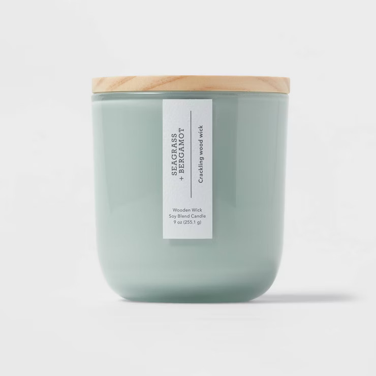 9oz Round Base Glass Candle with Wooden Wick Seagrass & Bergamot Green - Threshold™ | Target