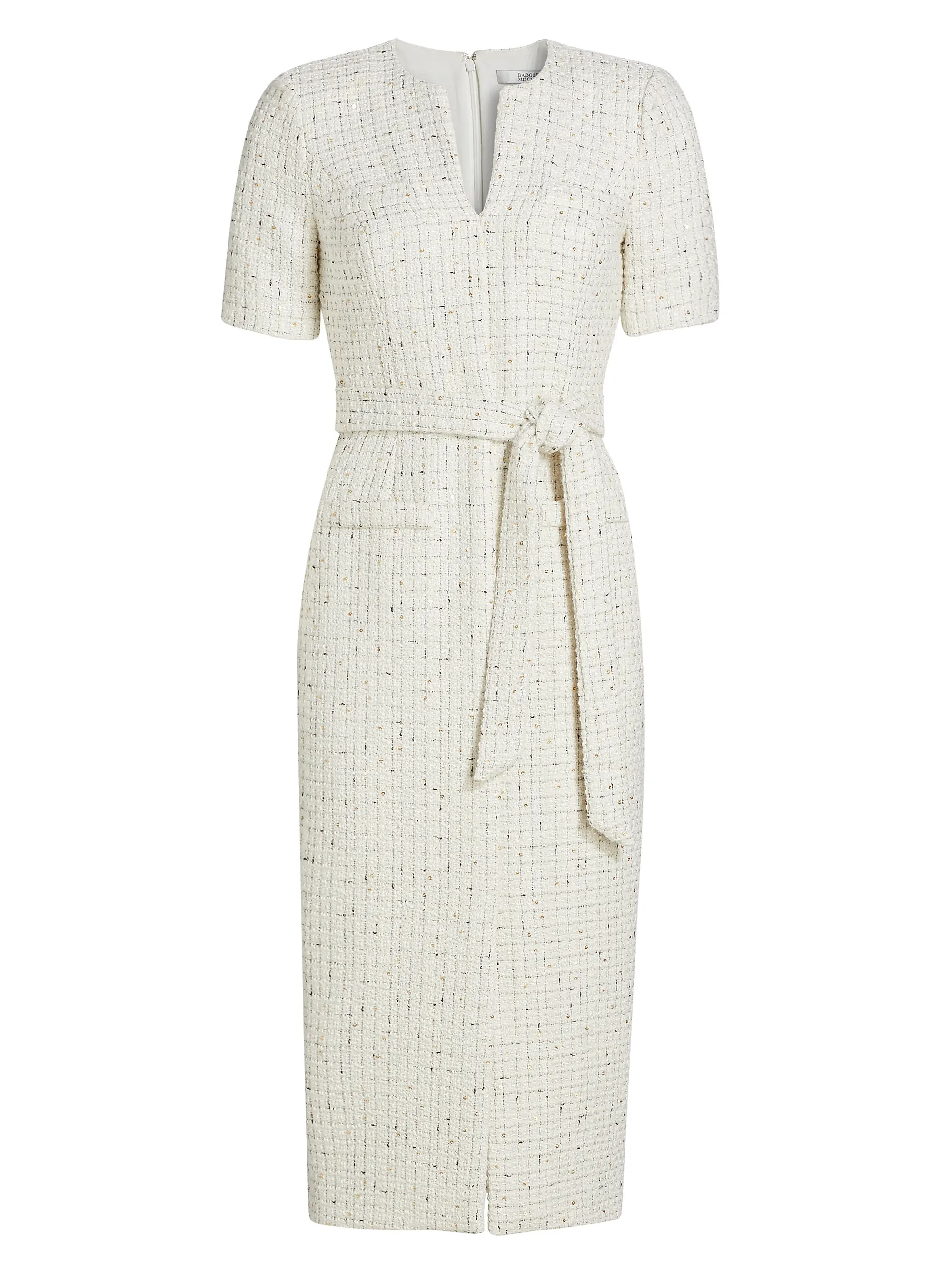 Badgley Mischka Tweed Short-Sleeve Belted Midi-Dress | Saks Fifth Avenue | Saks Fifth Avenue