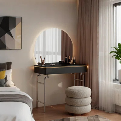 16.69"Black Minimalist Solid Wood Vanity With Chest Of Drawers & Stool & Mirror | Wayfair North America