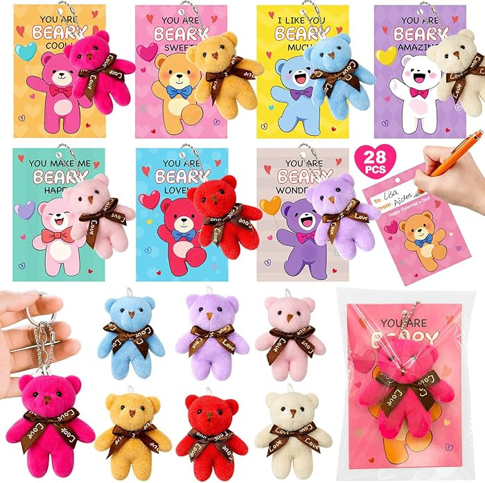 28 Pack Mini Bear Plush Toy Keychains with Valentines Day Cards ,Valentines Day Gifts for Classro... | Amazon (US)