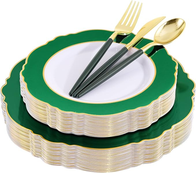 WDF 30Guest Green Christmas Plates - Gold Plastic Silverware With Green Handle - Christmas Plates... | Amazon (US)