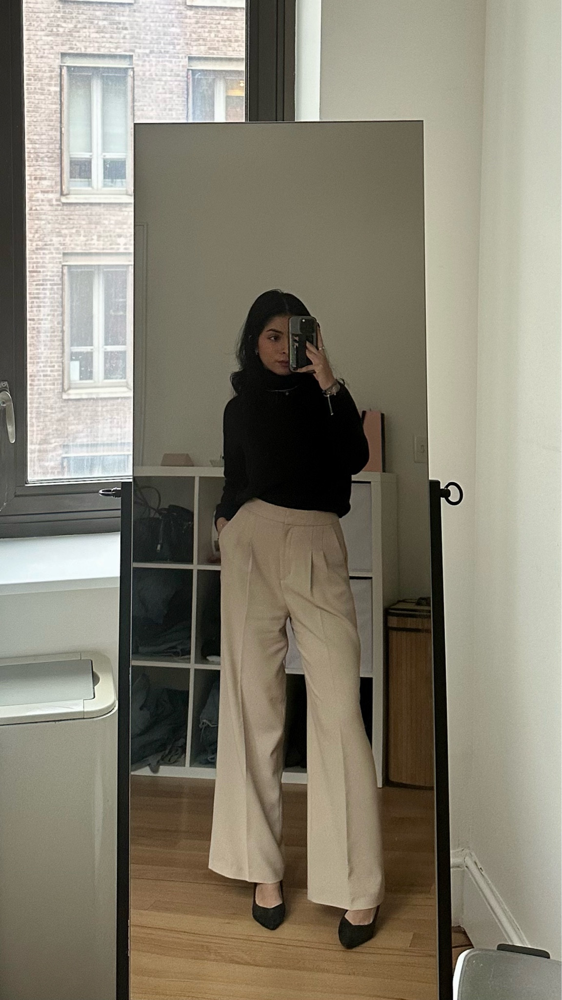 business casual outfit | black turtleneck, beige trousers, black block heels

#LTKworkwear #LTKstyletip