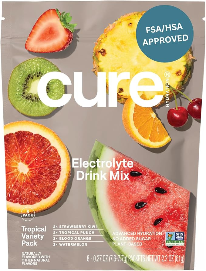 Cure Hydration - Electrolyte Drink Powder Tropical Variety Pack 8 Packets | Plant-Based Dehydrati... | Amazon (US)