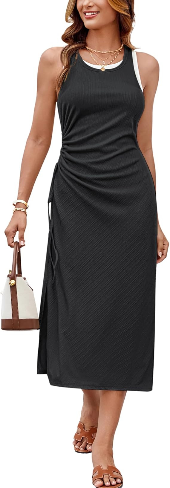 GRACE KARIN Women's Summer Casual Midi Bodycon Dress 2025 Crew Neck Drawsting Side Slit Beach Vac... | Amazon (US)