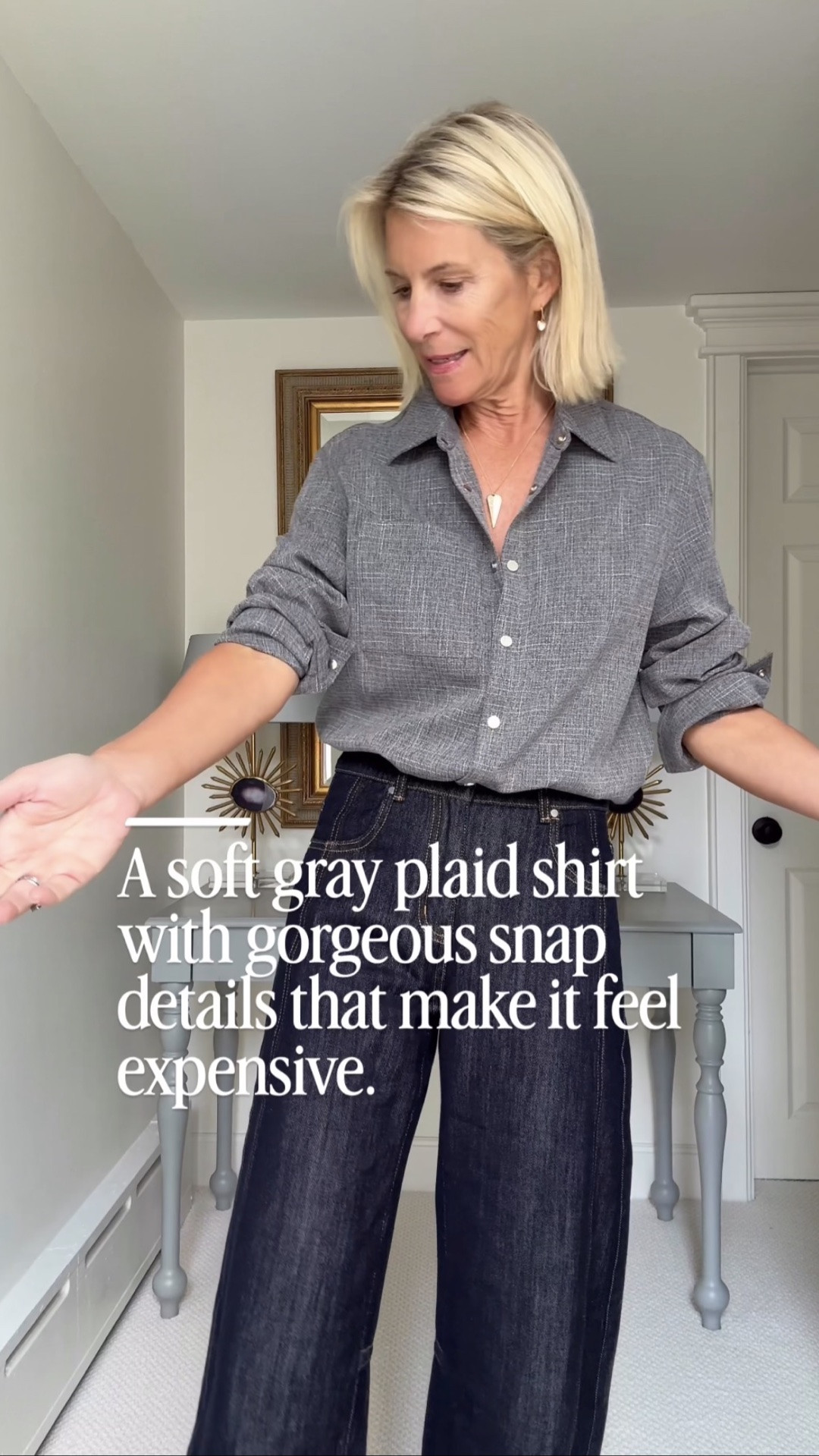 This gray plaid shirt is proof that you really can’t judge something until you put it on! It’s incredibly soft, the plaid is beautiful, and those gray snap buttons make it look so much more elevated. I’m obsessed.

👩‍💻 LTK PRO TIPS
❤️ Heart = Support my posts ;-)
🔖 Save = Get sale & restock alerts for the things you love!
📋 Lists = Keep favorites organized (List ideas: Christmas, Birthdays, and Vacations!)
📲 Share = Send lists and products to a friend (or your daughters like me).
💬 Comment = Ask me anything, and I’ll answer. ;-)

#LTKootd #LTKSeasonal #LTKOver40