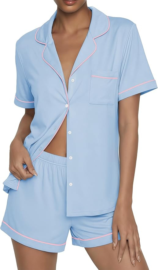 Ekouaer Womens Pajama Sets Button Up Summer Pjs 2 Piece Short Sleeve Sleepwear Lounge Set S-XXL | Amazon (US)