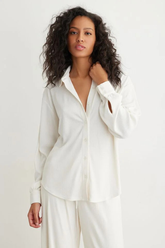 Long Sleeve Plissé Button Up Knit Shirt | Dynamite Clothing