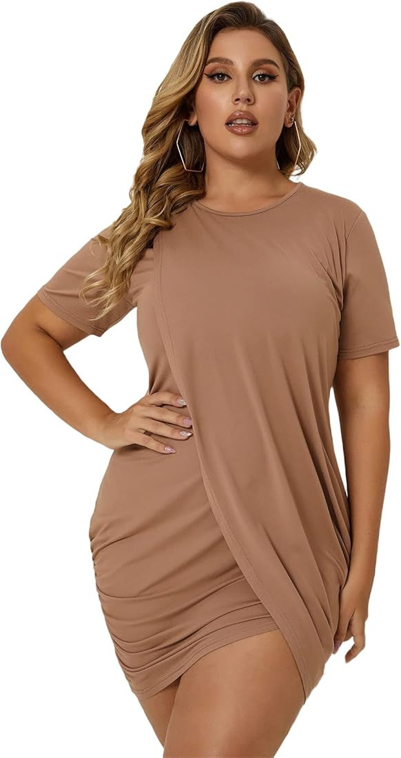 Romwe Women's Plus Size Casual Short Sleeve Tulip Hem Bodycon T Shirt Tunic Dress | Amazon (US)