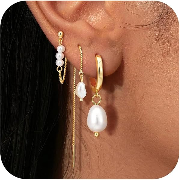3 Pairs Hypoallergenic Pearl Dangle Hoop Earrings Sets for Women | Amazon (US)