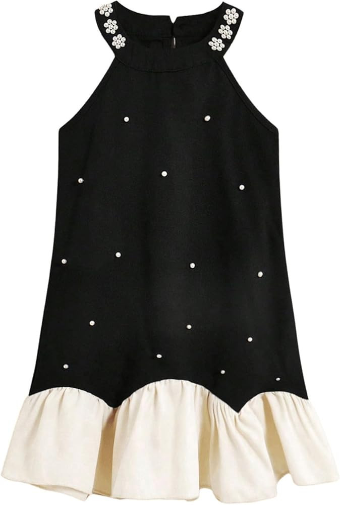SOLY HUX Girl's Pearl Halter Dress Sleeveless Ruffle Hem Color Block Cute Birthday Midi Dresses | Amazon (US)