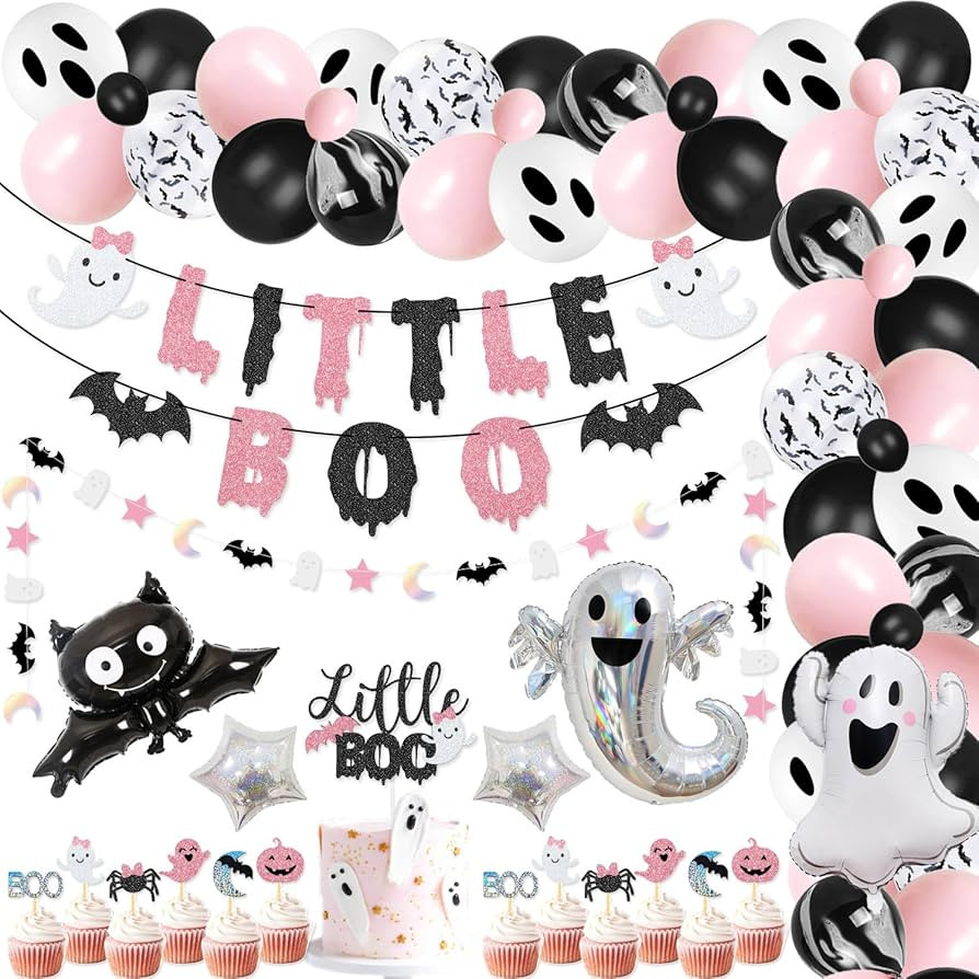 92 Pcs Little Boo Party kit Little Boo Banner Cake Topper Boo Skeleton Bat Mylar Balloons for Pin... | Amazon (US)