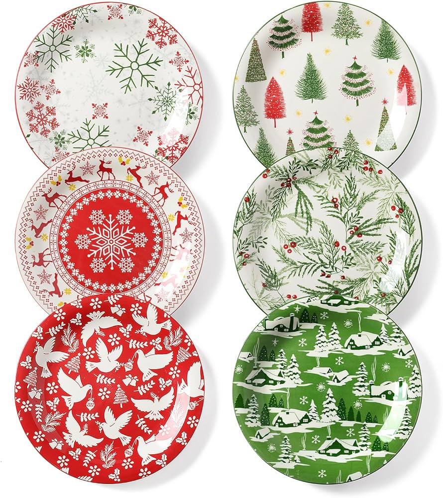 Christmas Salad Plates, 8 Inch Ceramic Dessert Plate Set, Appetizer Plates for Pasta, Side Dishes... | Amazon (US)
