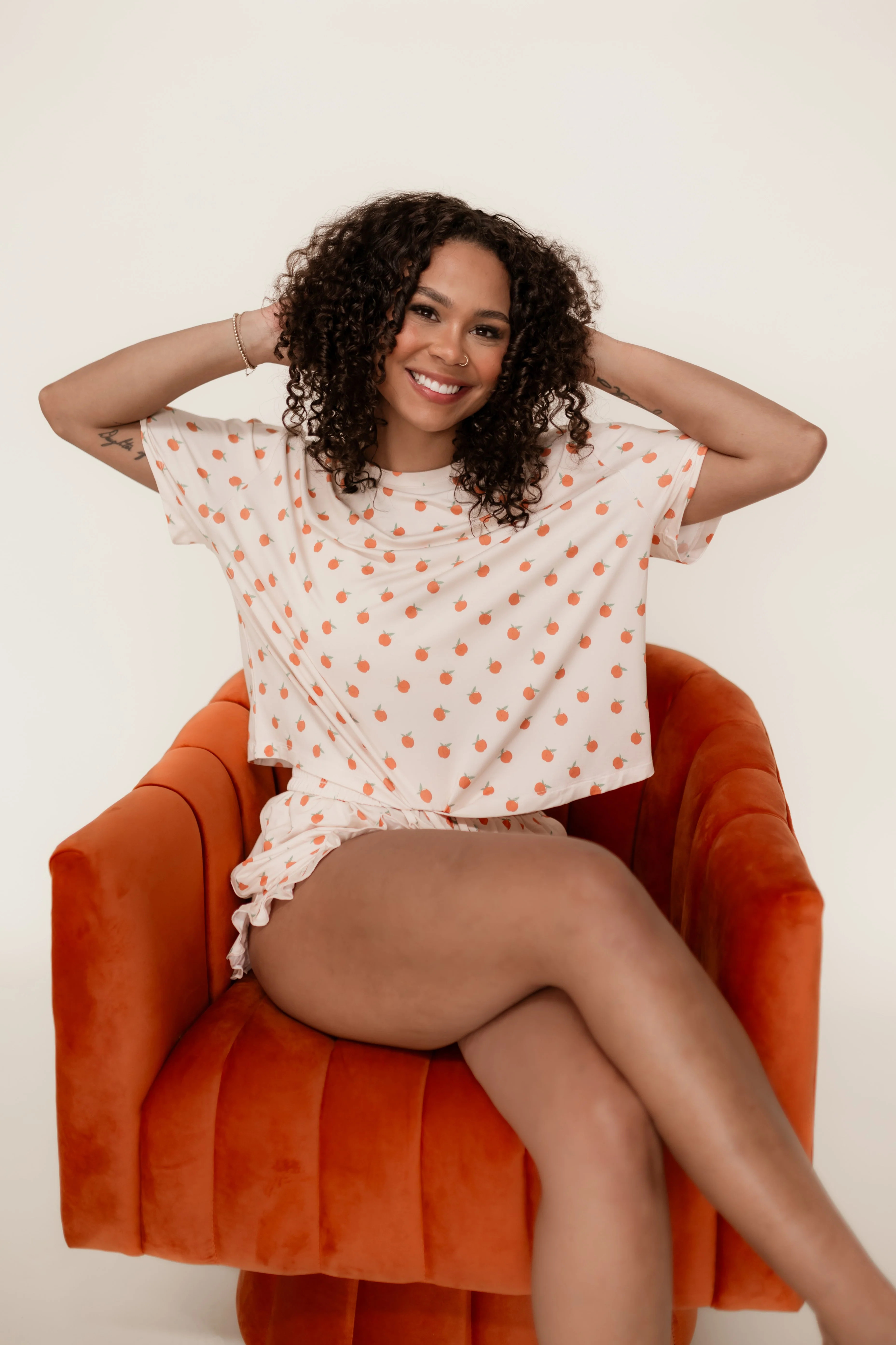 Womens Ruffle Short Set in Peaches | Silks Design