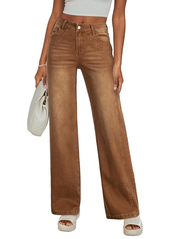 Sidefeel Women's Wide Leg Jeans High Waisted Stretchy Jeans Straight Leg Trendy Patchwork Loose F... | Amazon (US)