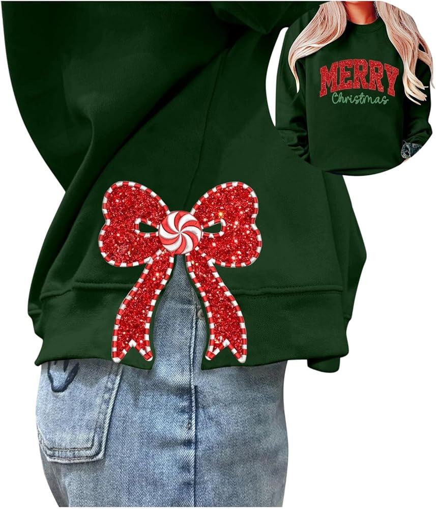 Christmas Sweatshirts for Women Merry Letter Print Side Bow Applique Graphic Sweater Long Sleeve ... | Amazon (US)