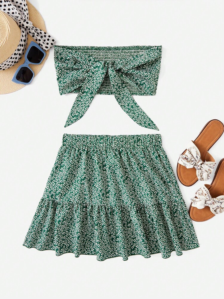 SHEIN VCAY Ditsy Floral Print Knot Front Crop Tube Top & Ruffle Hem Skirt
       
              
... | SHEIN
