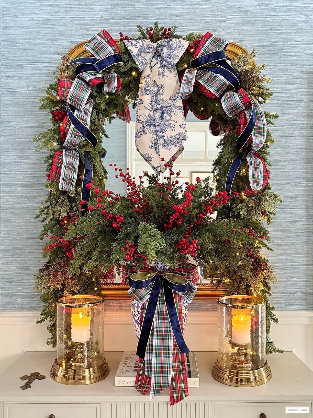 Chic and elegant classic Christmas! Layered garland, plaid and velvet ribbon, lush greenery and toile💙💙

#LTKSeasonal #LTKHome