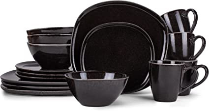 Elanze Designs Modern Chic Smooth Ceramic Stoneware Dinnerware 16 Piece Set - Service for 4, Blac... | Amazon (US)