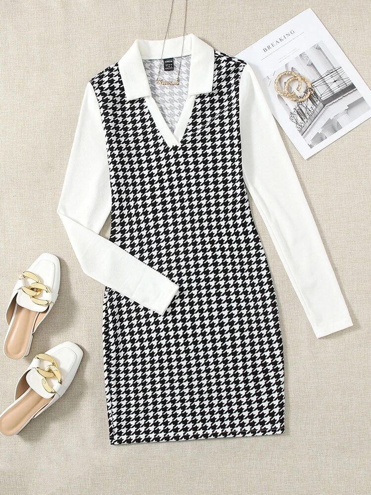 SHEIN Houndstooth V Collared Detail Dress | SHEIN