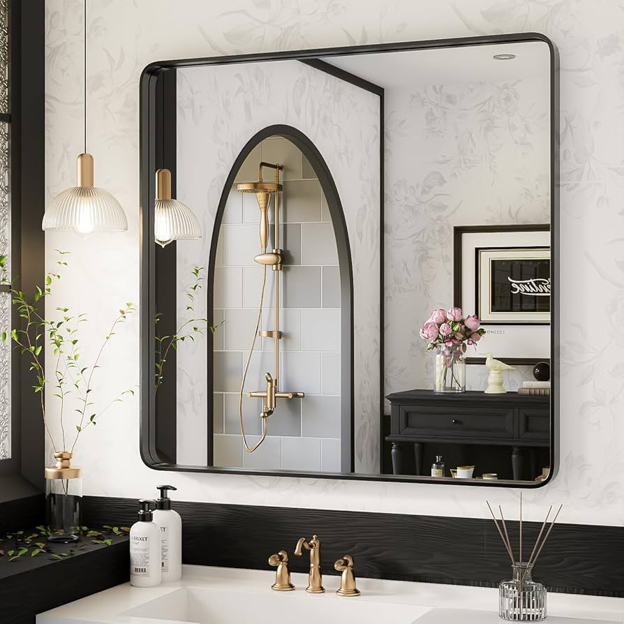 ISKM Black Metal Framed Wall Mirror for Bathroom 36" x 36" Rounded Corner Rectangle Mirror B... | Amazon (US)